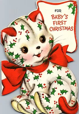Calico Kitty Cat Kitten Patchwork Pet Diecut VTG Christmas Greeting Card • $4
