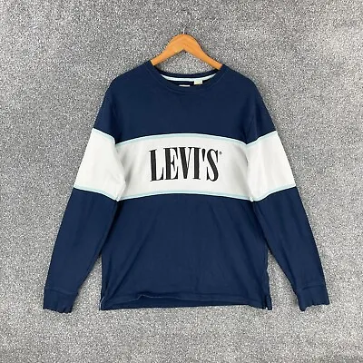 Levi's T-Shirt Mens Medium Blue Long Sleeve Crew Neck Top Centre Logo • £15.95