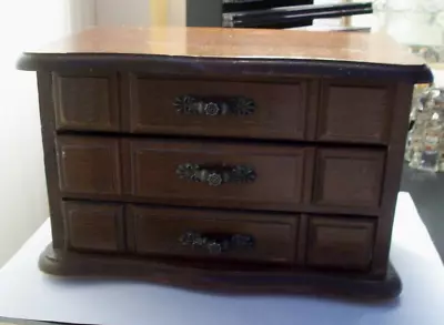 Vintage Wood Music Jewelry Box 2 Drawer Lift Mirror Top Earring Brooches Watches • $24.95