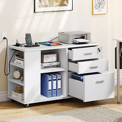 $112.99 • Buy File Cabinet With Charging Station Mobile Lateral Filing Cabinet 3 Drawer Office