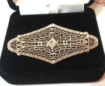 Vintage 10K White Gold Diamond Filigree Brooch Pin - Gorgeous • $189.99