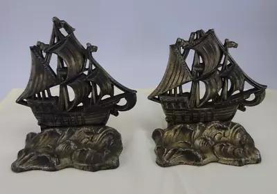 Vintage Pair Of Pewter Bookends 5.5  Tall Sailing Ship Full Sail Brig Damaged • $20