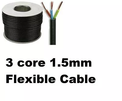 Black 3 Core Flexible Flex Mains Wire Cable 1m - 100m 1.5mm 13Amp 3183Y • £7.02