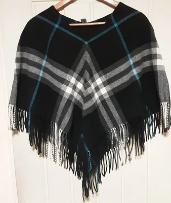 £95 • Buy Rare Burberry Iconic Nova Check Cashmere Wool Poncho Cape Shawl Fringe Vtg 90s