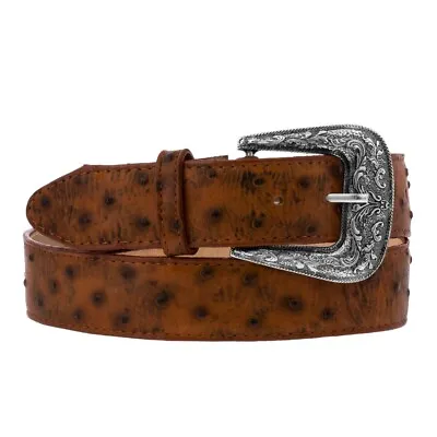 Western Cowboy Leather Belt Ostrich Quill Print Cognac Removable Buckle Cinto • $34.99