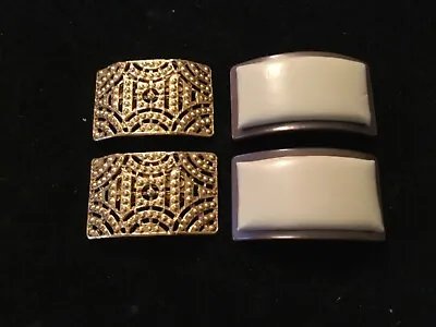  Vtg-Statement-Shoe Clips~Gold Tone Open Work-Tan Leather Like~1 Signed Musi • $9.99