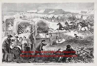 Mormon Pilgrim Wagon Train On Great Plains Large 1860s Antique Engraving Print • $69.95