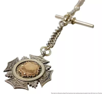 Vintage Sterling Silver 14.5 Inch Coat Of Arms Pocket Watch Chain And Fob Charm • $129