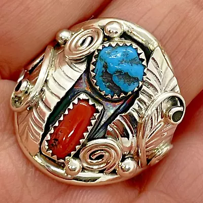 Navajo Men's Nugget Turquoise Coral Ring Size 11 Sterling Signed Lorena Brown • $79.94