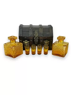 Vintage Wood Castle Chest Liquor Decanters Glasses Medieval S Sper Bijou LOTR • $45.49