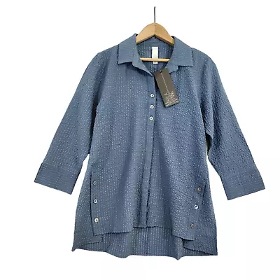 Marla Wynne Womens Button Down Top Crinkle Textured Pinstripe Dusty Blue XS • $17.08