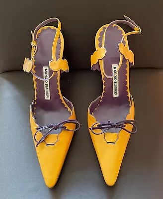 NEW Manolo Blahnik Strappy Heels Caramel Leather Purple Stitching Bow Shoes 39.5 • $365