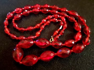 Vintage Cherry Amber Bakelite Faceted Oval Bead Necklace Art Deco  • $174.30