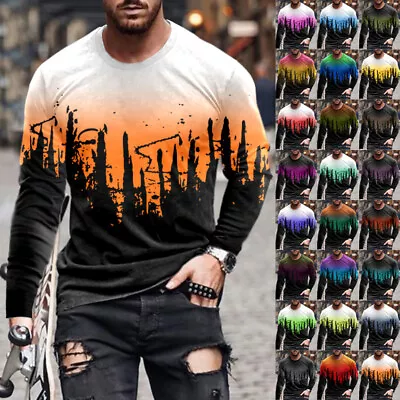 Mens 3D Print Long Sleeve T Shirt Casual Baggy Crew Neck Fashion Tops Basic Tee • $19.99