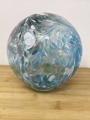 Hand Blown Glass Sphere Gazing Ball Blue White Waves Beach Flat Base Decorative • $23