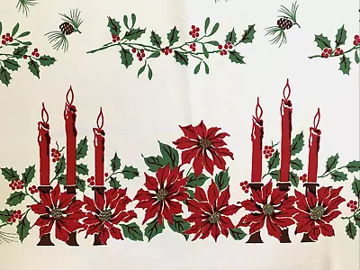 Vtg Mid Century Hand Print CHRISTMAS TABLECLOTH Red Poinsettia Candles 52x64 • $29.99