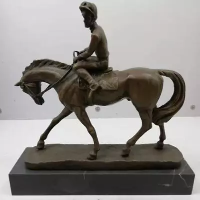 Bronze Jockey On Racehorse - Mounted On Solid Black Marble Base - Signed • £189