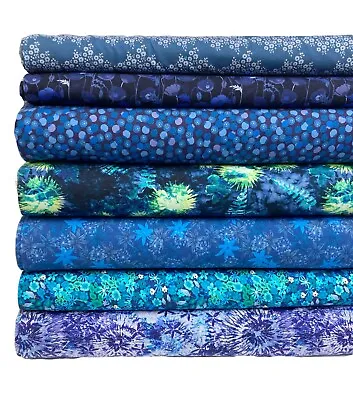Jersey Fabric Blue Vibrant Floral 4-Way Stretch Cotton Knit For Dressmaking • £8.95