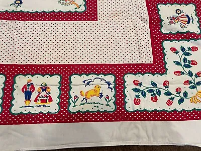 Vintage Printed Tablecloth With Simple Dutch Designs W/Red And White Polka Dots • $13