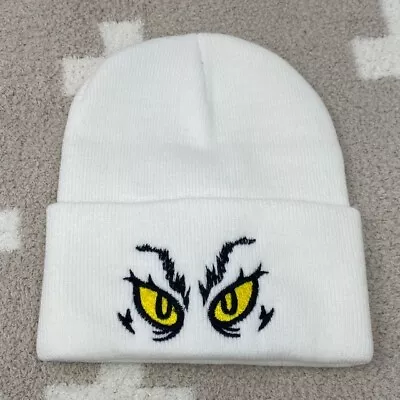 GRINCH EYES  White Beanie Embroidered In Black And Yellow • $19.99