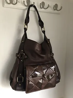 MICHAEL ROME Designs ITALY Dark Brown Patent MOTO LEATHER Handbag Purse Bag EUC • $29.99