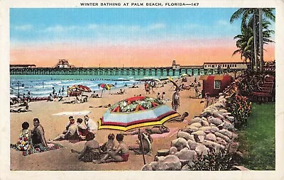 Palm Beach Florida Postcard Winter Bathing Beach Umbrella Pier  About 1936    K2 • $4.99