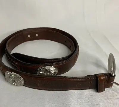 Belt Brown Woven Leather With Silver Metal Conchos Fish Unique Designs Size 38 • $17.88