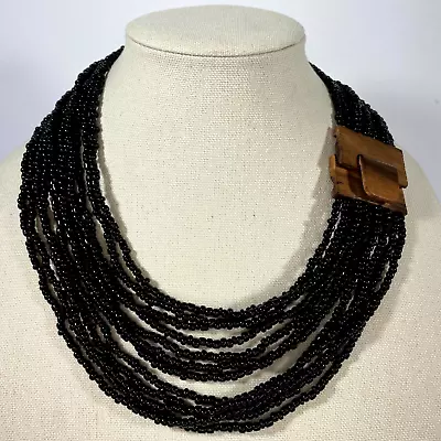 Gerda Lynggaard Monies Necklace Black Multi Strand Beaded Statement Wood Clasp • $104.99