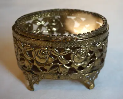 Oval Ormulu Jewelry Box Casket Footed Vintage Trinket Box Golden • $13.50