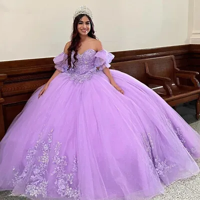 Lilac Quinceanera Dresses Short Puff Sleeves Floral Lace Sweet 16 Pageant Dress • $147.73