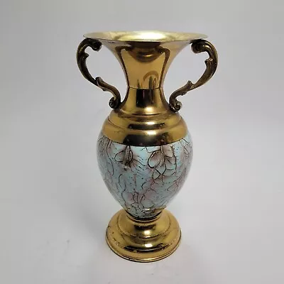 Mid Century Modern Delftware Brass Vase Urn Double Handles 7.5  Tall • $18