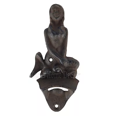 Mermaid Beer Soda Bottle Opener Cast Iron Nautical Wall Mounted Rustic Brown • $12.95