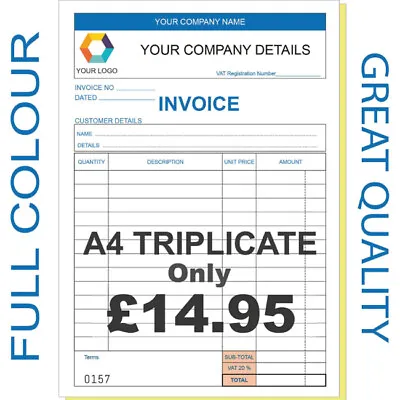 Personalised A4 Invoice Book Triplicate / Ncr / Receipt/ Order 50 Sets / Pad • £17.95