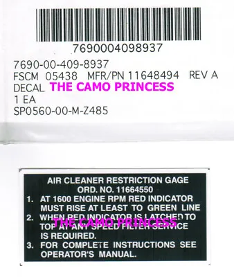 Air Cleaner 11648494  Sticker  Decal Restriction Gauge Info  M809 Military Truck • $6