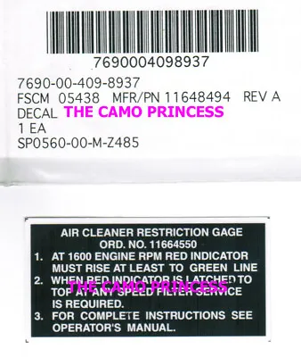 Air Cleaner Restriction Gauge Info Sticker 11648494 Decal M939 Military Truck • $6