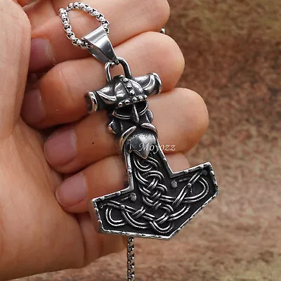 Mens Stainless Steel Nordic Viking Thors Hammer Mjolnir Pendant Necklace Gift • $7.99