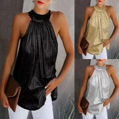 £11.29 • Buy Ladies Glitter Strappy Halter Neck Vest Evening Party Top Sleeveless Blouse