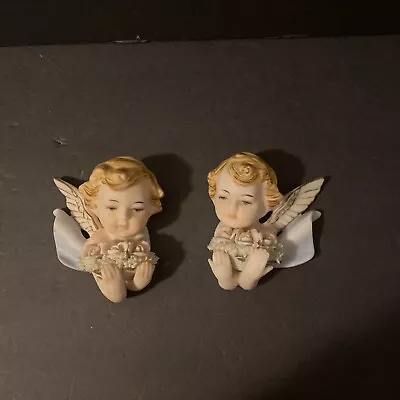 Vtg Lego Porcelain Cherub Angels Wall Hanging Pair 2 W/Flower Bouquet Japan • $40