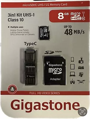 Three (3) Gigastone 8GB Micro SD 4 In 1 Class 10 UHS Kit Brand New • $15.99