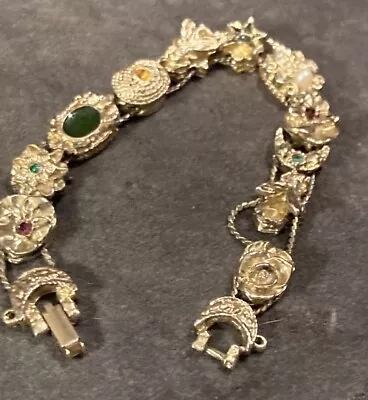 Vintage Goldette Slide Bracelet Gold Tone Rhinestones Scarab Cameo Fleur De Lis • $37.99