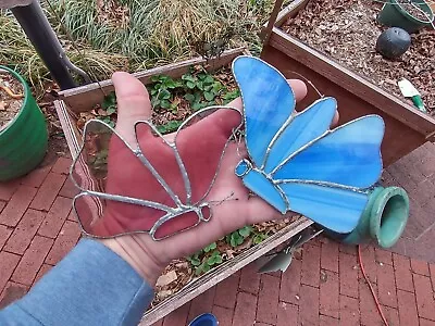 Pair Of Vintage Hand Made Stained Glass Butterfly Sun Catchers Pink Blue • $20