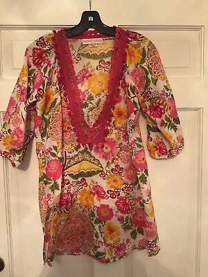 Monique Leshman Women’s Blouse Top Boho Floral Tunic Pom Pom V-neck Size L Large • $13.99