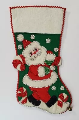 Vintage Felt Christmas Stocking Applique Sequins Santa Handmade Finished • $18.95