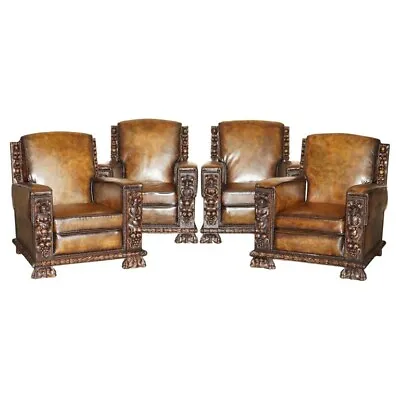 Four Fully Restored Antique Club Armchairs With Gothic Carved Panels Must See • $24867