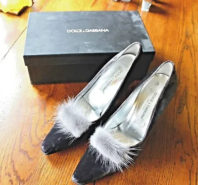 Dolce&Gabbana Anthracite Velvet Shoes With Grey Fur Trim Size EU39 • £110