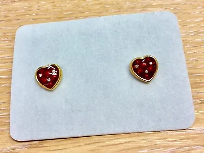 Cabouchon Red Enamelled Heart Earrings For Pierced Ears • £10