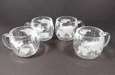 Vintage Nestle Nescafe World Globe Frosted Glass Coffee Mugs Cups - Set Of 4 • $16