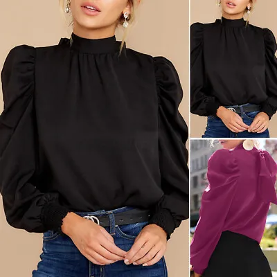 UK Womens Casual Loose Mock Neck Blouse Long Sleeve Tunic Top Back Tie Bow Shirt • $31.30