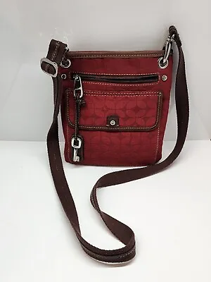 Fossil Red And Brown Canvas Messenger Purse Crossbody Bag & Key Fob • $14