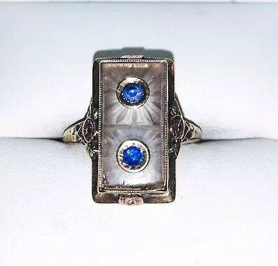 10K Solid Yellow Gold Vintage 1930 Camphor Glass Blue Sapphire Ring Size 6.25 • $229